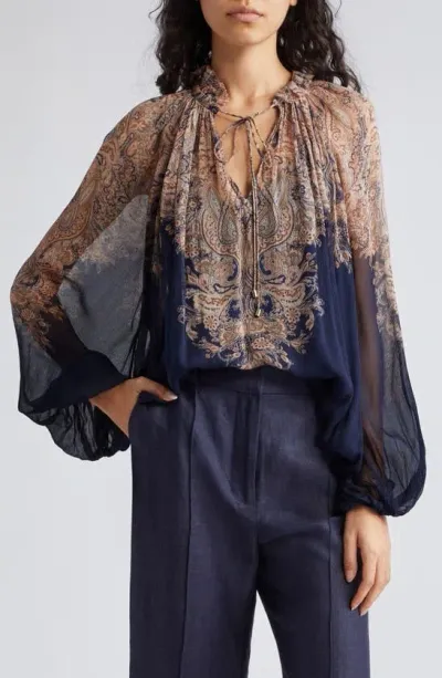 Zimmermann Natura Paisley Blouson Sleeve Chiffon Top In Multicolor