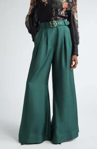 Zimmermann Pavilion Belted Silk Wide Leg Pants In Green