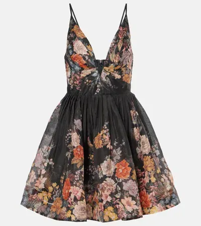 Zimmermann Pavilion Floral Linen And Silk Minidress In Black