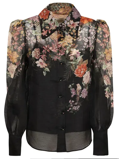 Zimmermann Pavilion Tie Neck Blouse In Blkmlfl Black Multi Floral