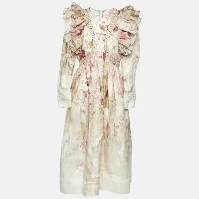 Pre-owned Zimmermann Pink Floral Print Linen & Silk Organza Dancer Midi Dress L