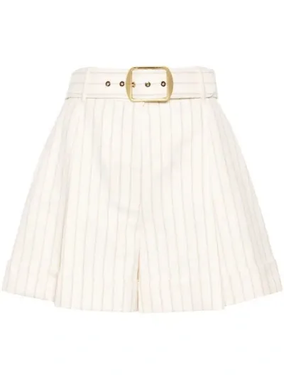 Zimmermann Pinstriped Herringbone Belted Shorts In Neutrals