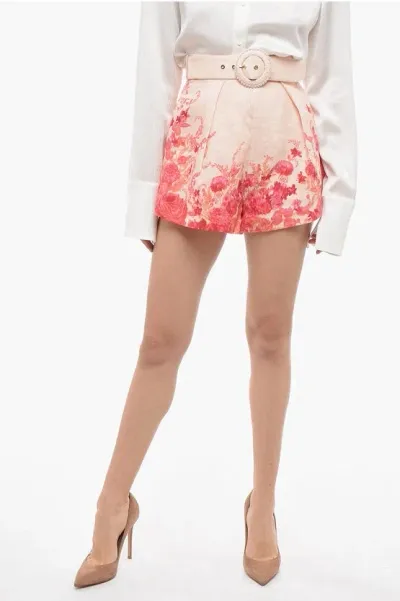 Zimmermann High Tide Belted Linen Tuck Shorts In Pink