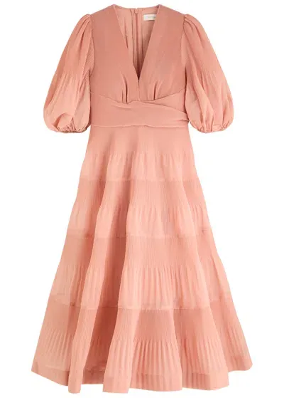 Zimmermann Tiered Plissé-taffeta Midi Dress In Pink Light