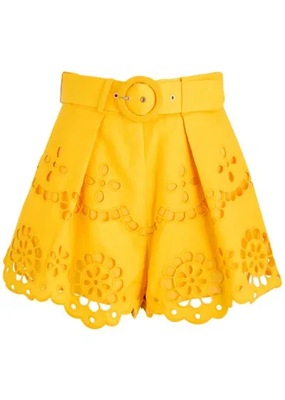 Zimmermann Pop Embroidered Linen Shorts In Yellow