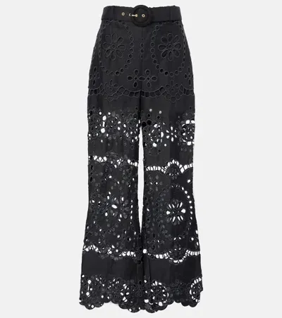 Zimmermann Pop Embroidered Linen Wide-leg Pants In Black