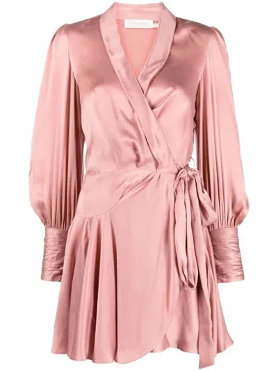 Zimmermann Powder Pink Silk Wrap Dress With Long Sleeves And Scarf Lapels