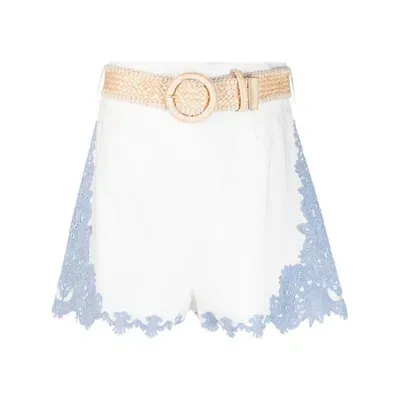 Zimmermann Raie Belted Appliquéd Lace-trimmed Linen Shorts In Ivory