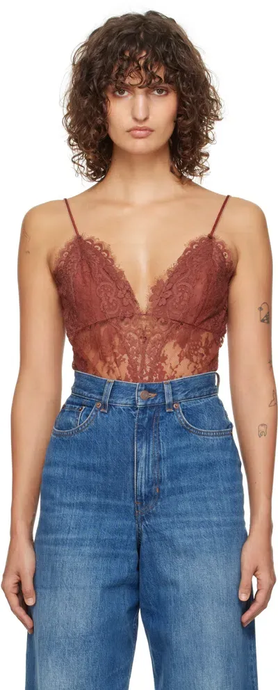 Zimmermann Red Illustration Lace Teddy Bodysuit In Che Chestnut