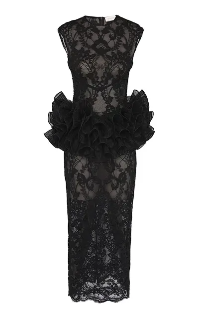 Zimmermann Ruffled Lace Peplum Midi Dress In Black