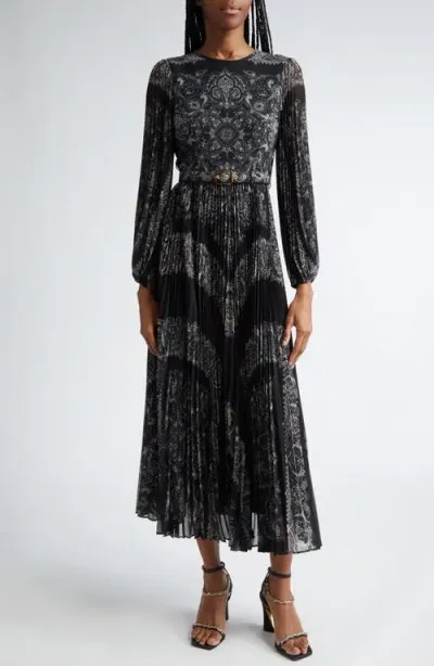 Zimmermann Sunray Long Sleeve Pleated Georgette Dress In Black Paisley