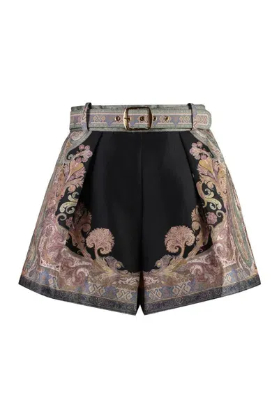 Zimmermann Tuck Illustration Printed Silk Shorts In Black