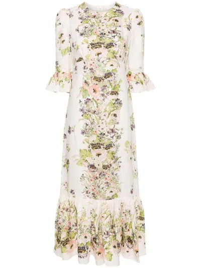 Zimmermann White Floral-print Linen Dress In Multicolour