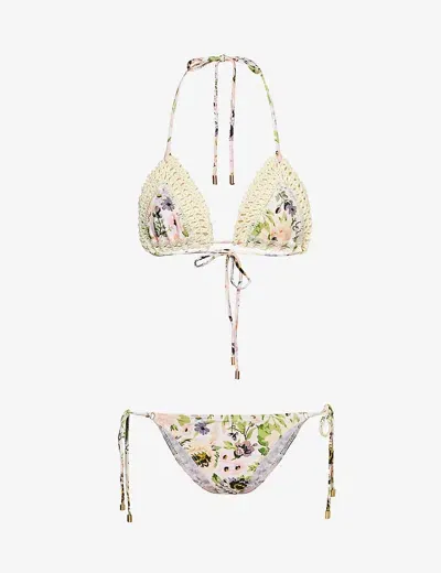 Zimmermann Womens Cream Multi Floral Halliday Crochet-knit Bikini Set In Multicolor