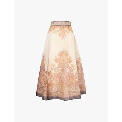 Zimmermann Womens Cream Paisley Paisley-pattern Regular-fit Linen And Silk-blend Midi Skirt