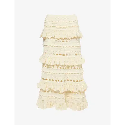 Zimmermann Womens Cream Waverly Ruffled Crochet Cotton Midi Skirt In Ivory