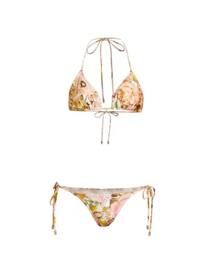 Zimmermann Pink Golden Floral-print Bikini In Pink Rose