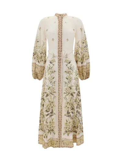 Zimmermann Ivory Linen Dress In Multicolor