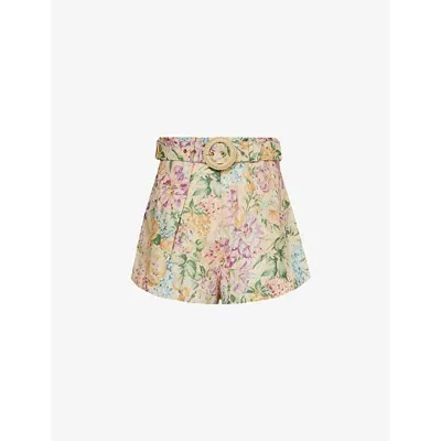 Zimmermann Womens Multi Watercolour Floral Halliday Floral-print Linen Shorts In Pink