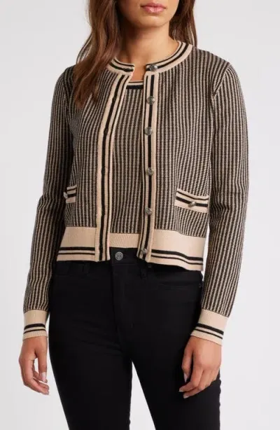 Zoe And Claire Contrast Trim Cardigan In Taupe/black