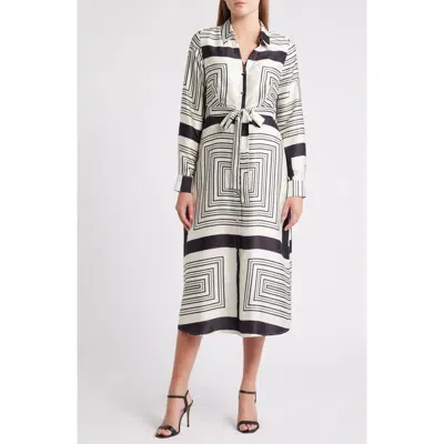 Zoe And Claire Geo Print Long Sleeve Satin Midi Dress In Black/white