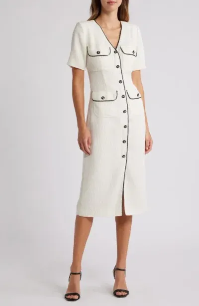 Zoe And Claire Pocket Tweed Midi Dress In Off White