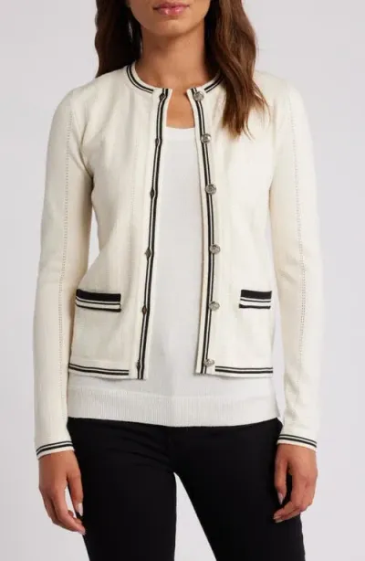 Zoe And Claire Pointelle Contrast Trim Cardigan In Cream