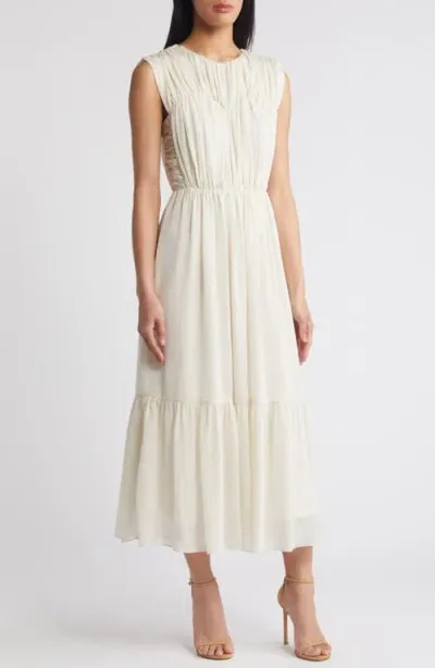 Zoe And Claire Ruched Sleeveless Chiffon Dress In Champagne