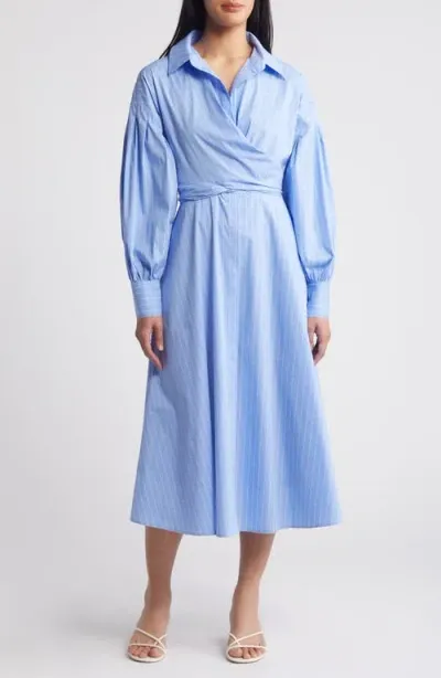 Zoe And Claire Stripe Long Sleeve Cotton Blend Midi Shirtdress In Blue