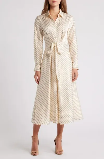 Zoe And Claire Stripe Long Sleeve Satin Shirtdress In Champagne