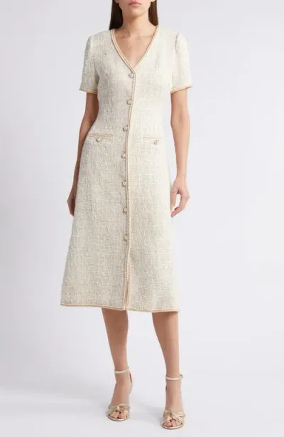 Zoe And Claire V-neck Button Front Tweed Midi Dress In Light Khaki