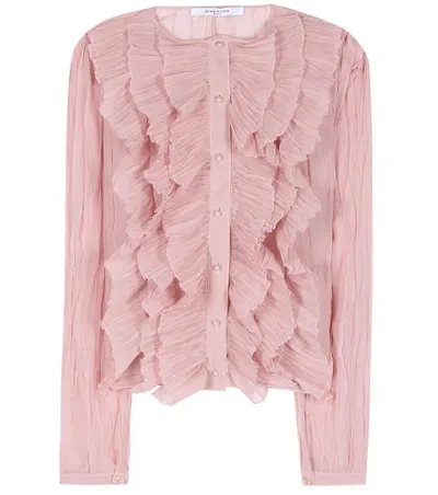 Givenchy Long-sleeve Ruffled Georgette Blouse, Light Pink In Pale Piek