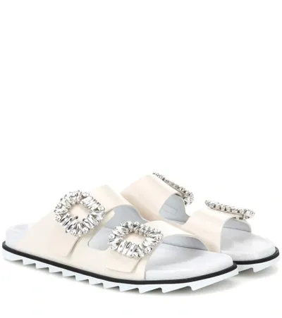 Roger Vivier Slidy Viv Swarovski Crystal-embellished Leather Slides In Off White