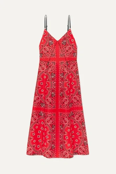 Alexander Wang Leather-trimmed Printed Silk Midi Dress In Red