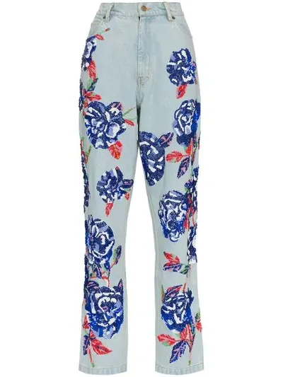 Ashish Floral Embellished Straight Leg Jeans In Blue