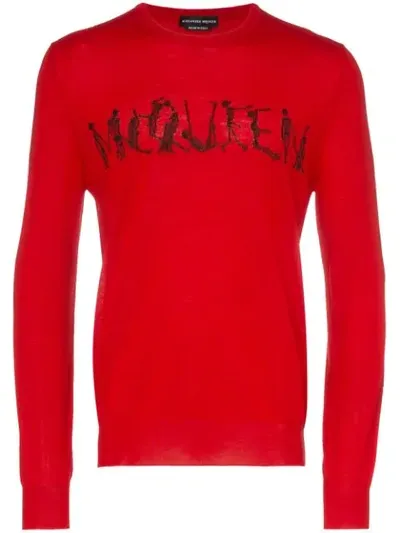 Alexander Mcqueen Dancing Skeleton Logo Text Wool Jumper In Red