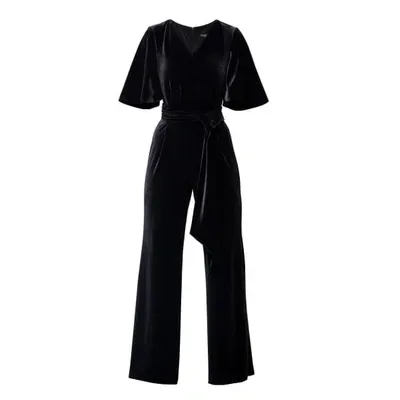 Rumour London Women's Layla Velvet Jumpsuit With Bell Sleeves & Sash In Black