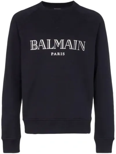 Balmain Crew Neck Logo Cotton Sweatshirt In Marine