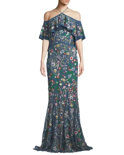 Alice And Olivia Annalea Ruffled Embellished Tulle Halterneck Gown In Denim Blue Multi