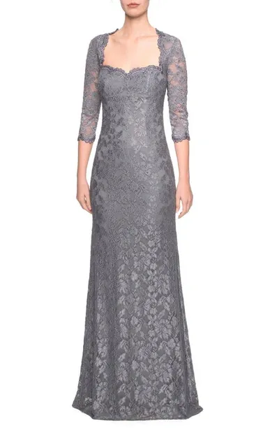 La Femme Lace Trumpet Gown In Platinum