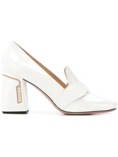 Prada Block Heel Loafers In White