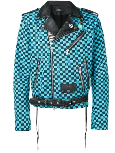 Amiri Artist Checkered Denim And Leather Biker Jacket In Aqua Black