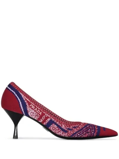 Prada Red 65 Stretch Knit Leather Pumps