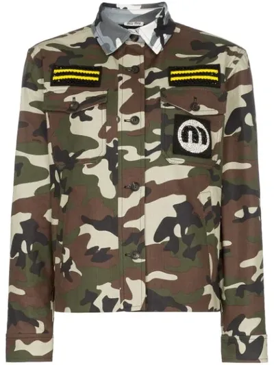 Miu Miu Contrast Collar Patch Embroidered Military Jacket In F0161 Militare