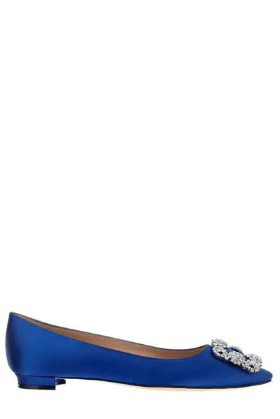 Manolo Blahnik Hangisi Embellished Buckle Ballerina Flats In Blue