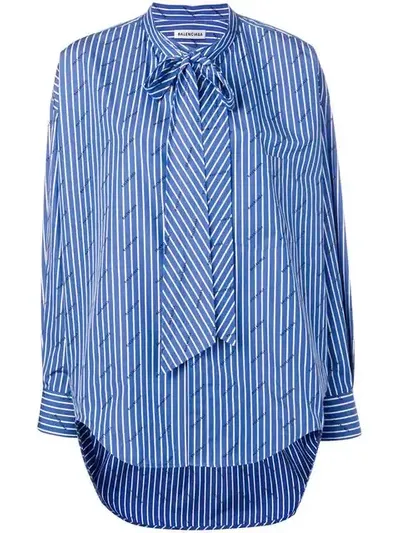 Balenciaga Striped Logo Swing Shirt In Blue