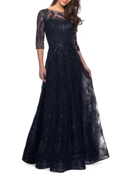 La Femme A-line Lace Sequin Gown With Sheer Scoop Neckline In Navy