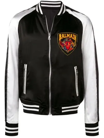 Balmain Monochrome Satin Bomber Jacket In Black