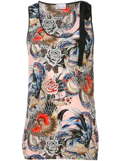 Red Valentino Rooster And Floral Print Tank Top In Pink