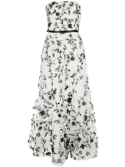 Marchesa Notte Floral Embroidered Strapless Gown In White